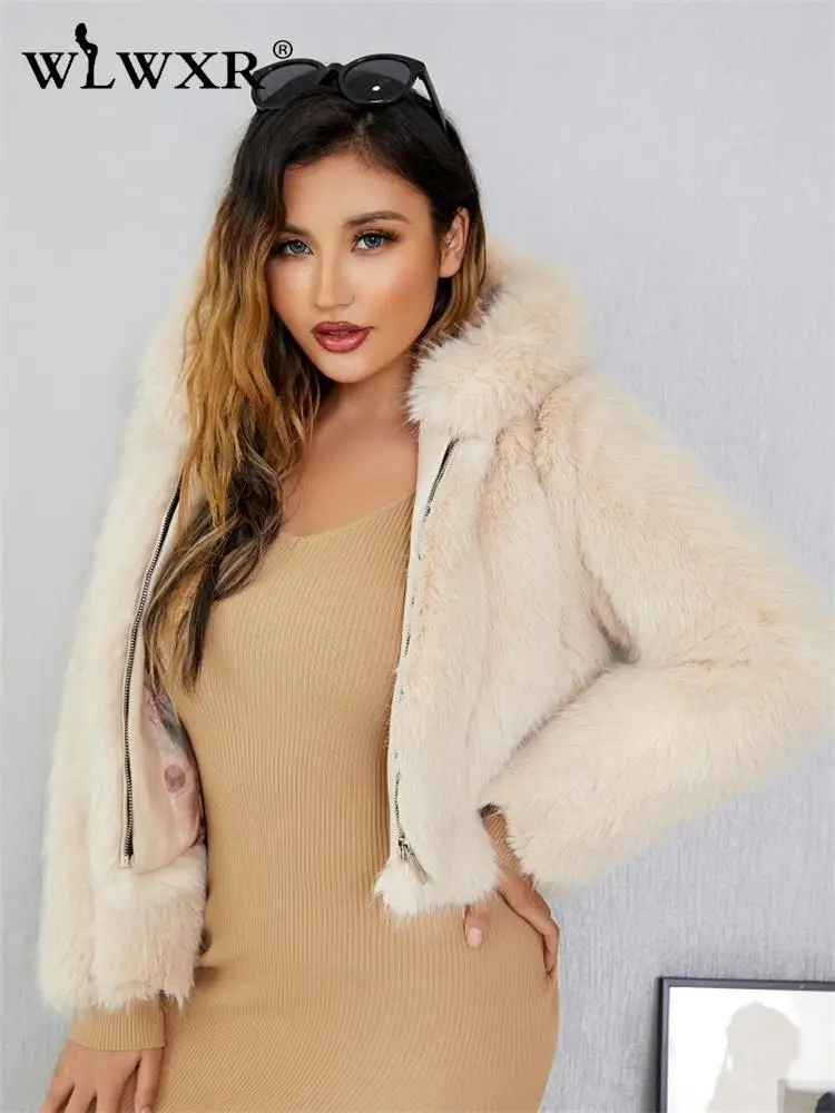 

WLWXR Winter White Fashion Faux Fur Jacket For Women 2022 Red Long Sleeve Hooded Faux Fur Orange Coat Coats And Jacket Female