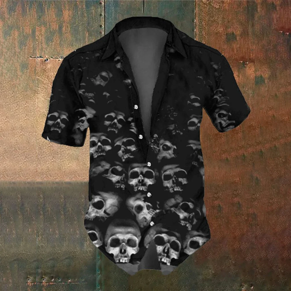 Summer Fashion Men's Party Wear Retro Horror Skull Print Men's Short Sleeve Shirt Street Casual Trendy Oversized Tops SIZE S-5XL 3