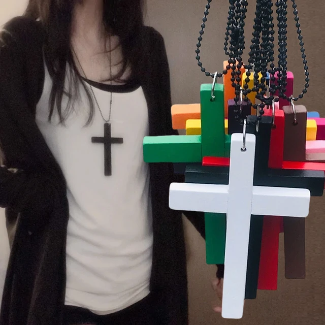 Collier Punk gothique avec pendentifs croix en bois pour femmes, ras du cou, noir, blanc, rouge, Hip Hop, chaîne de pull, cadeaux, Y2k 1