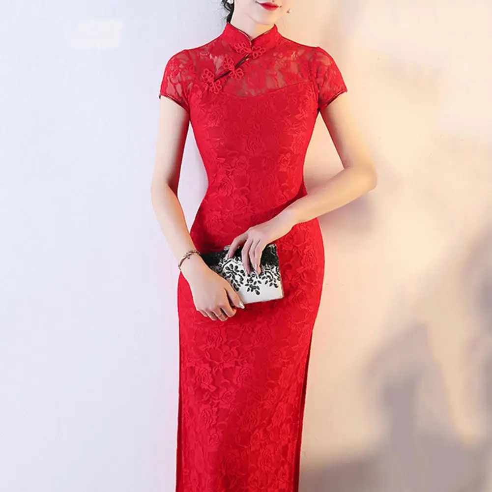 Chinese Qipao Elegant Vintage Chinese Lace Maxi Dress with Stand Collar Side Split Women's Classic Qipao Cheongsam for
