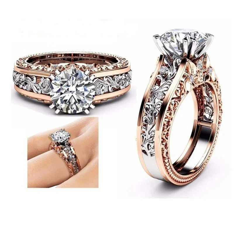 1pcs Luxury Women Ring Metal Hollow Carving Pattern Rose Gold Color Zircon Stones Couple Ring Bridal Engagement Wedding Jewelry 6