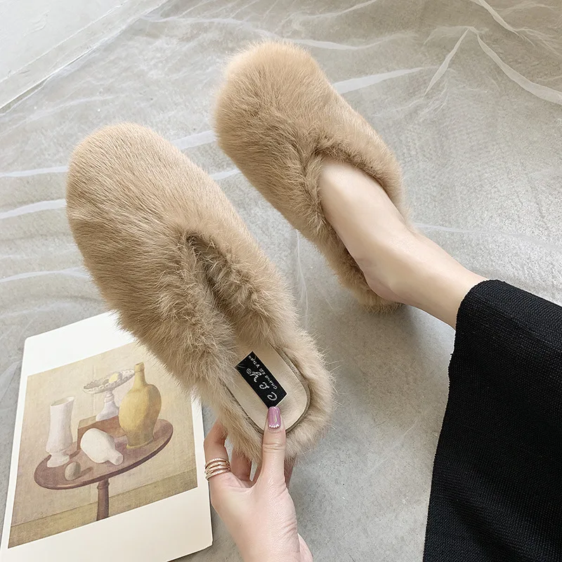 2023 Autumn Winter Rabbit Hair Korean New Baotou Flat Bottom Slippers Popular Same Style Outwear Fur Half Slippers for Women
