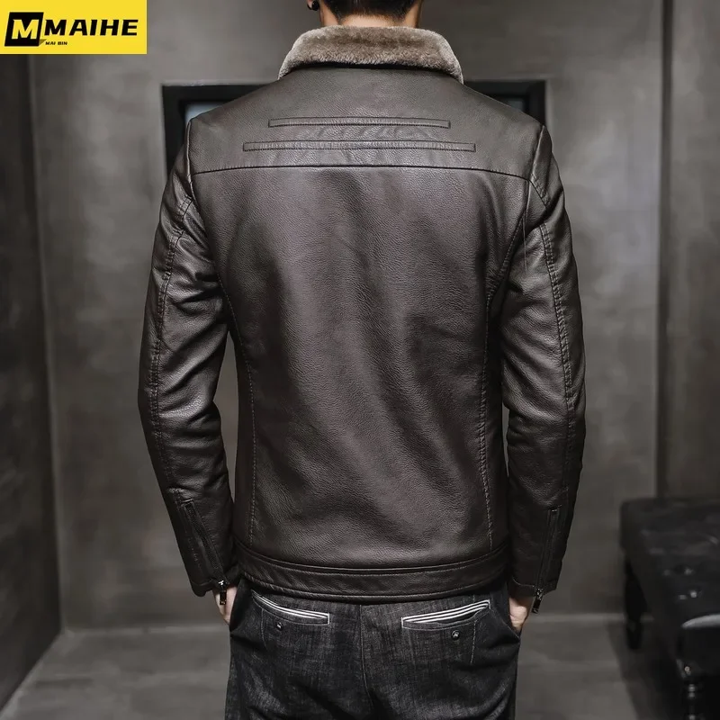 Brand Leather Jacket Men's Winter Motorcycle Clothes Leanther Jacket Men's Thickened Fur Collar Windproof Pu Leather Coat Male