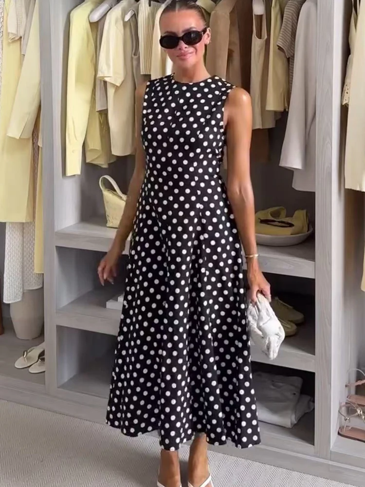 TFMLN Women's Chic Polka Dot Dress Elegant Sleeveless Round Neck A-line Party Clothing 2025 Ladies High Waist Commuting Dress
