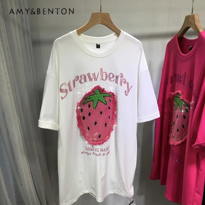 

Heavy Embroidery Diamond Drills Tees Cute Strawberry Loose O-Neck Mid-Length Short Sleeve Top Summer All-Matching T-shirt Female