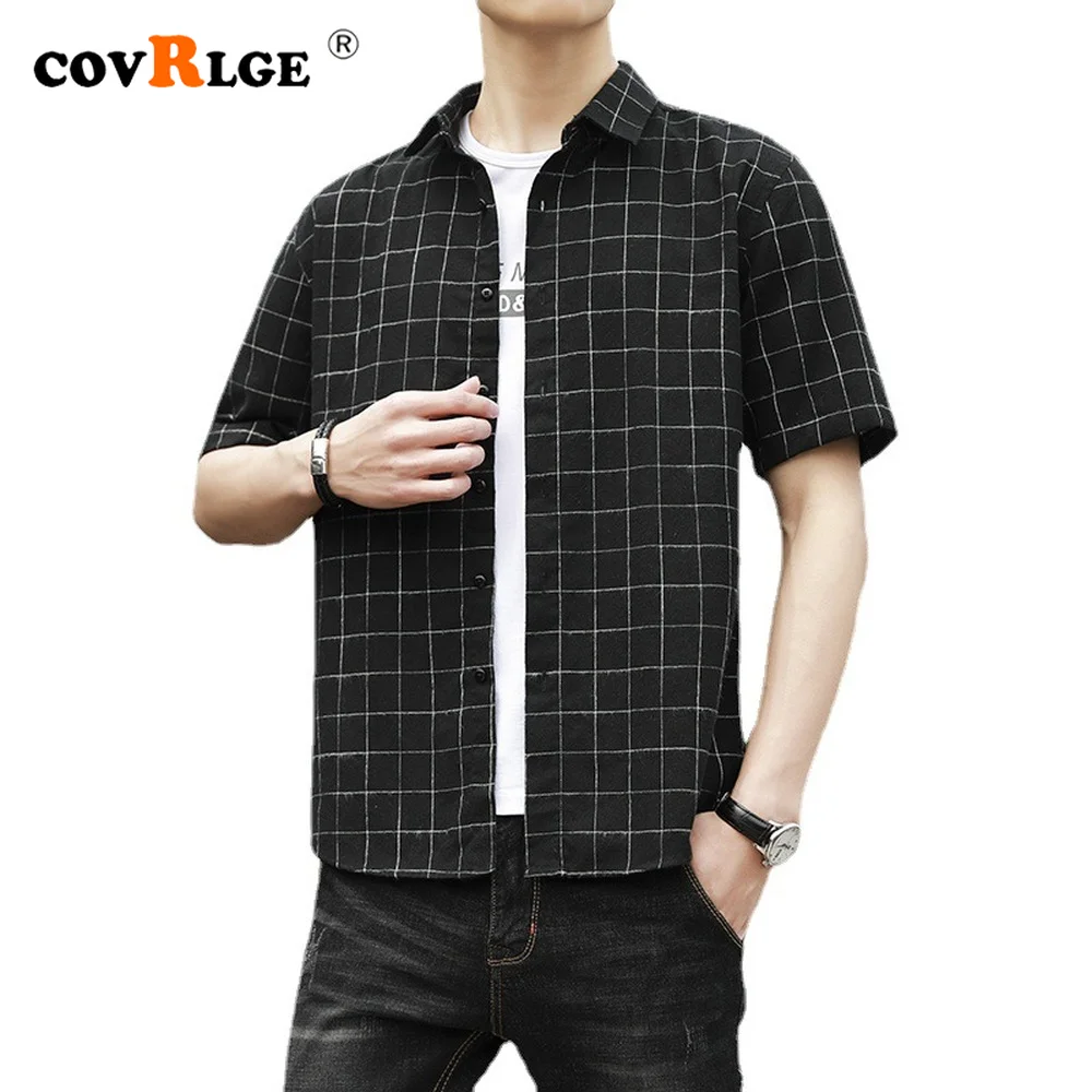 

Covrlge Plaid Short-sleeved Shirt for Men Summer New Stand Collar Light Business Casual Men's Cardigan Slim Thin Top Male MCS190