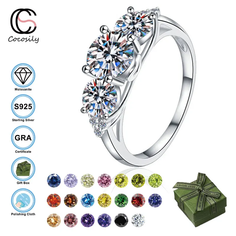 

Cocosily 0.5CT+1CT+0.5CT D Color Moissanite S925 Sterling Silver Multicolor Light Luxury Women's Wedding 3 Diamond Ring Jewelry