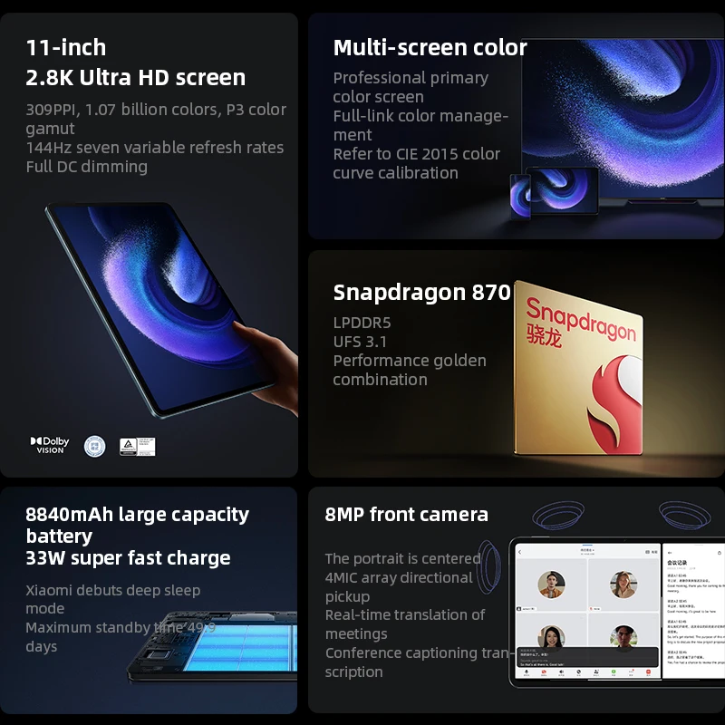 Xiaomi Pad 6 Snapdragon 870 128GB 256GB 11'' 2.8K 144Hz LCD Screen Wifi Tab 8840mAh Battery 13MP Camera Mi Tablet PC