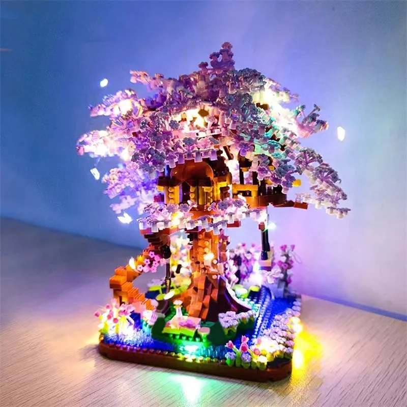 Mini Sakura Tree House With Lights Model Building Blocks City Street View Cherry Blossom Houses Bricks Kids Toys For Girls Gift 2