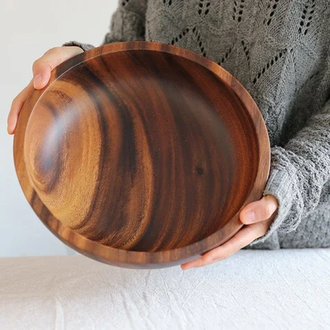 

1 Piece Of Natural Wooden Tableware Round Fruit Salad Bowl Food Container Noodle Rice Bowl Large Household Kitchen Tool