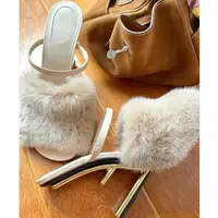 Mode femmes fourrure pantoufles Sexy Peep Toe gladiateur sandales robe pompes été femmes chaussures compensées talon étrange Mules talons hauts 2