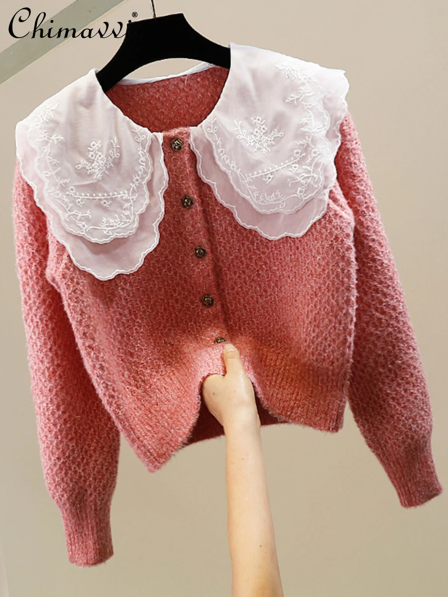 

Модный однобортный свитер в стиле пэчворк с двойным кукольным воротником контрастных цветов и длинным рукавом Новинка Зима 2023 модный элегантный кардиган