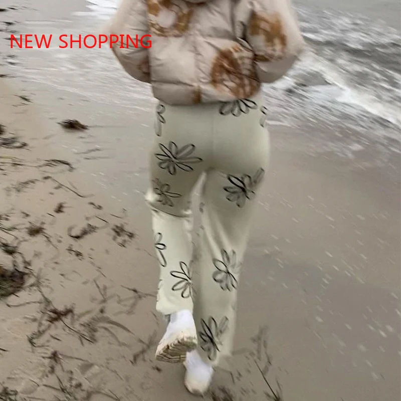 Vintage Floral Print Knitted Pants Y2K Women 2000s Aesthetic Straight Trousers Korean 90s Retro Pants 2024 Streetwear Harajuku