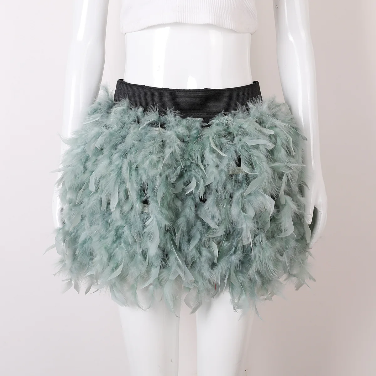 Women Solid Fluffy Feather Mini Skirt Elastic High Waist Short Skirt Halloween Carnival Party Stage Cosplay Costume Club Outfit