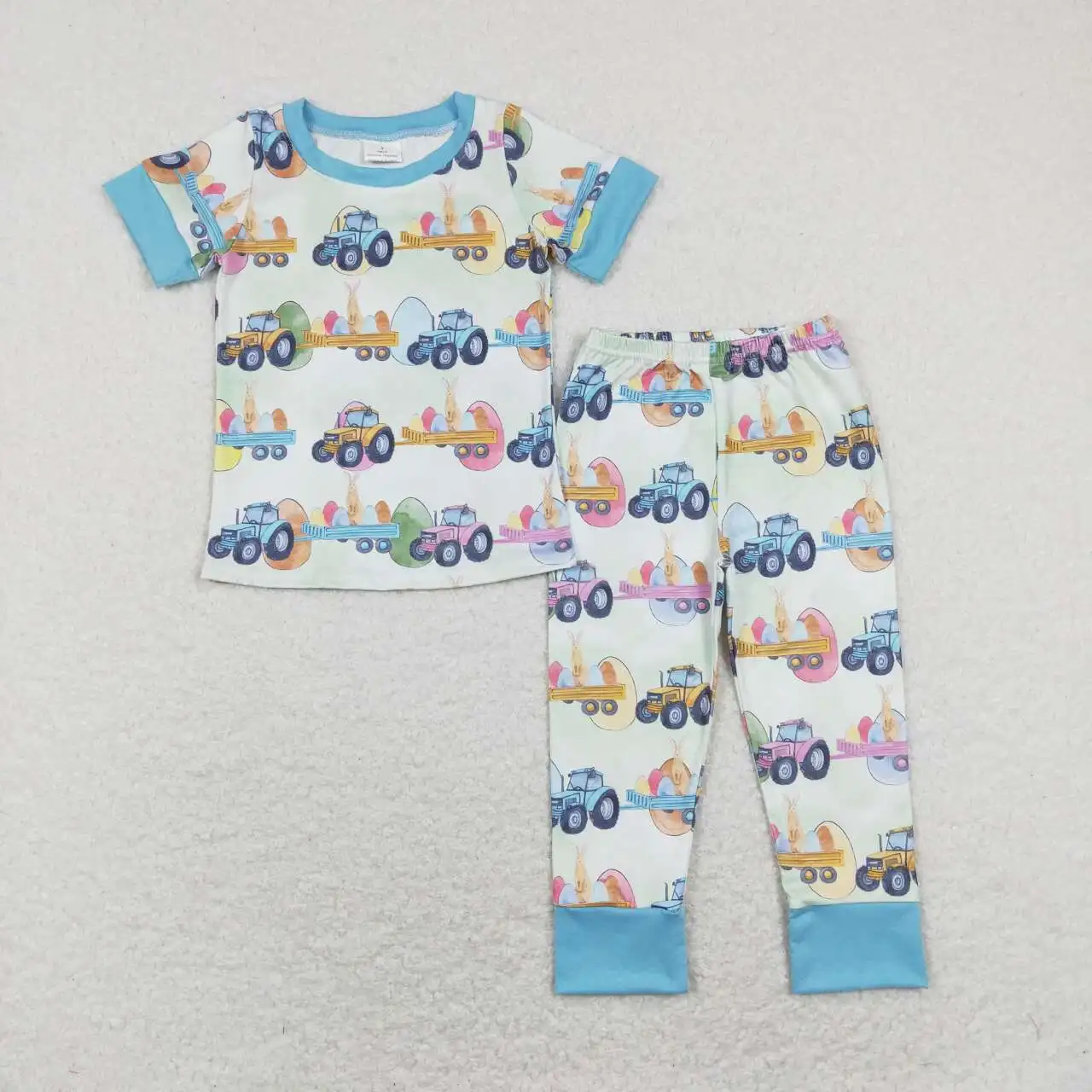 

wholesale western boutique outfit hot sale baby boys clothes Easter Egg Rabbit Tractor Blue Green Short Sleeve Pants Suit