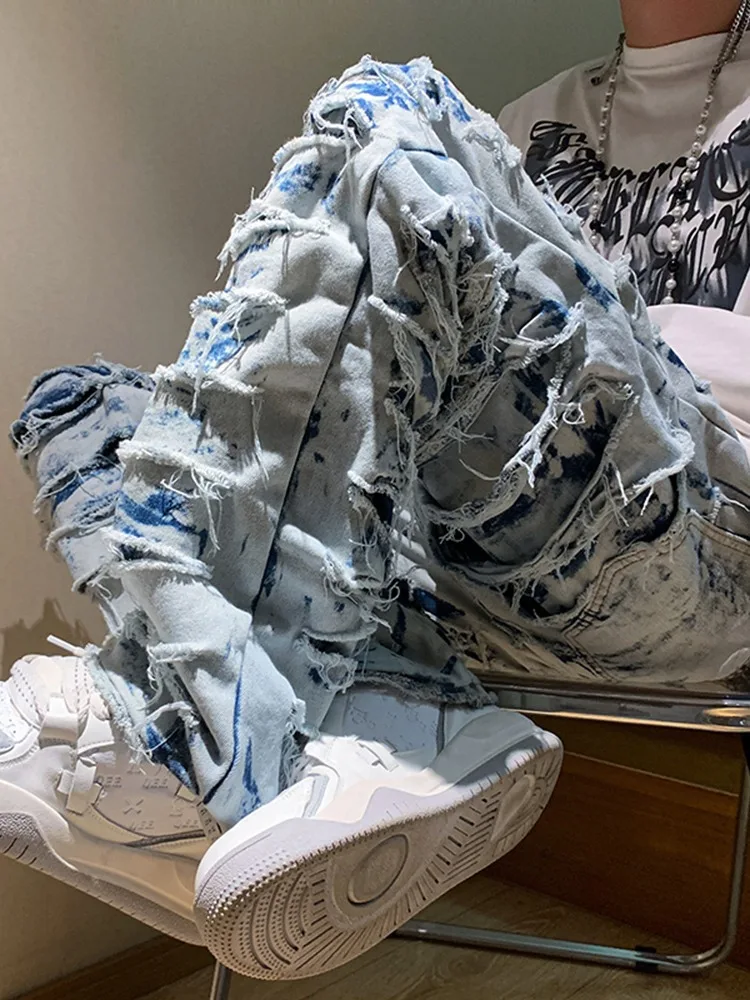 American high street erosion destroys raw edge Y2K retro jeans men\'s trendy straight tube slim flared pants foreign trade 2023
