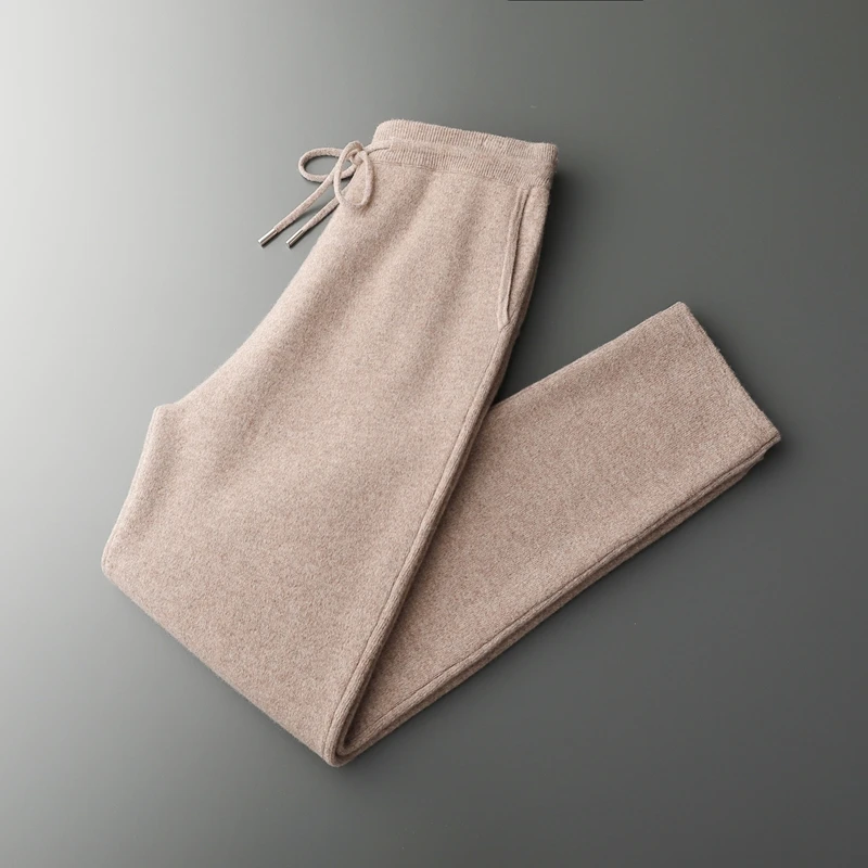 Casual Pants Men Pure Wool Padded Wide-Leg Knitted Trousers Autumn Winter