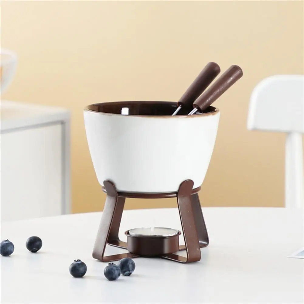Candle Fondue Pot Set Ceramic Chocolate Fondue Mugs Set with Forks for Melting Cheese Butter 300ml for Tealight Chocolate