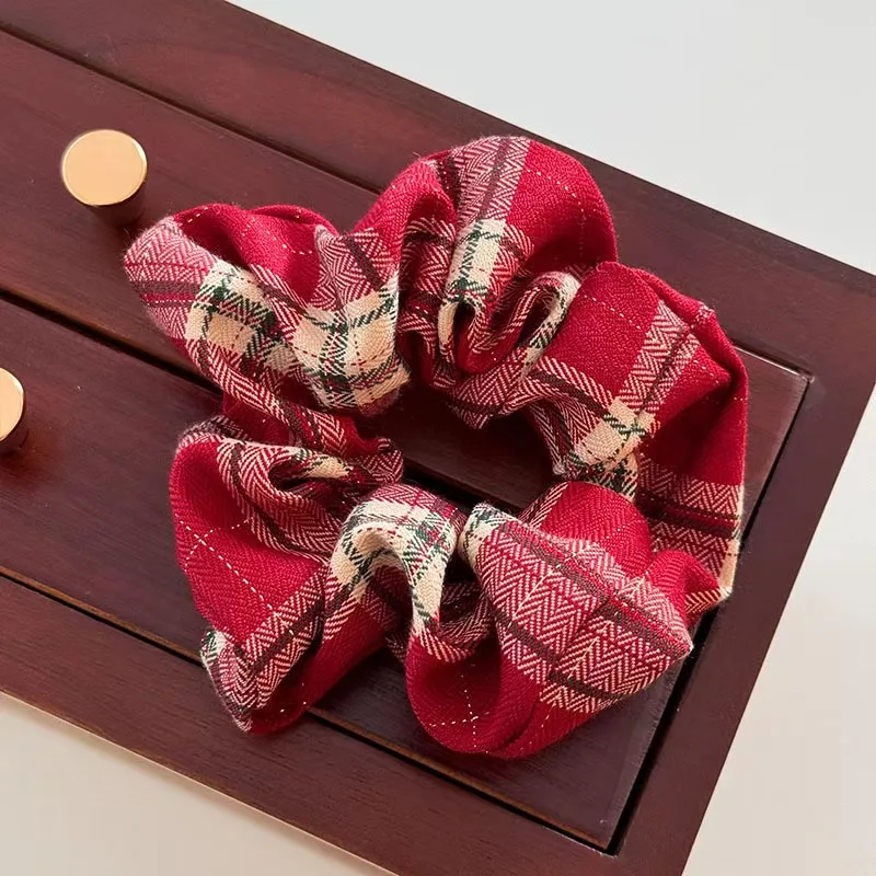1pc/Red Lace Plaid Large Intestine Scrunchie Women's High-End Sense New Year's Christmas Atmosphere Korean Tie Headband Tie