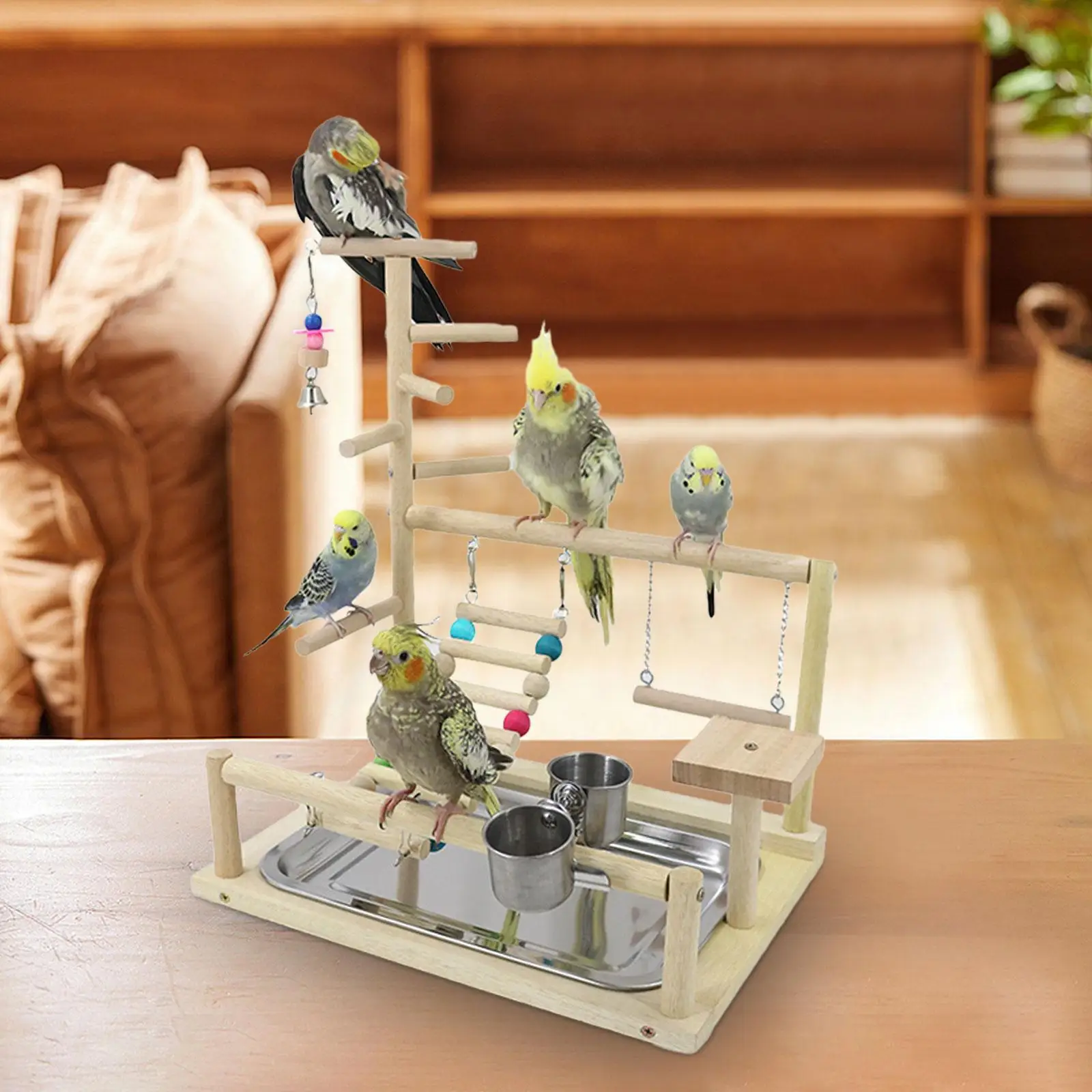 Bird Cage Perches Wooden Bird Playground Parrot Playstand Gym Playground Ladder with Metal Feeder Plate Toy for Budgie Parakeets Cockatoos