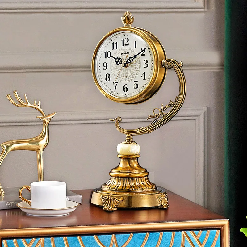 

European-style living room table clock, copper-plated large clock ornaments, office desk, desktop sitting clock