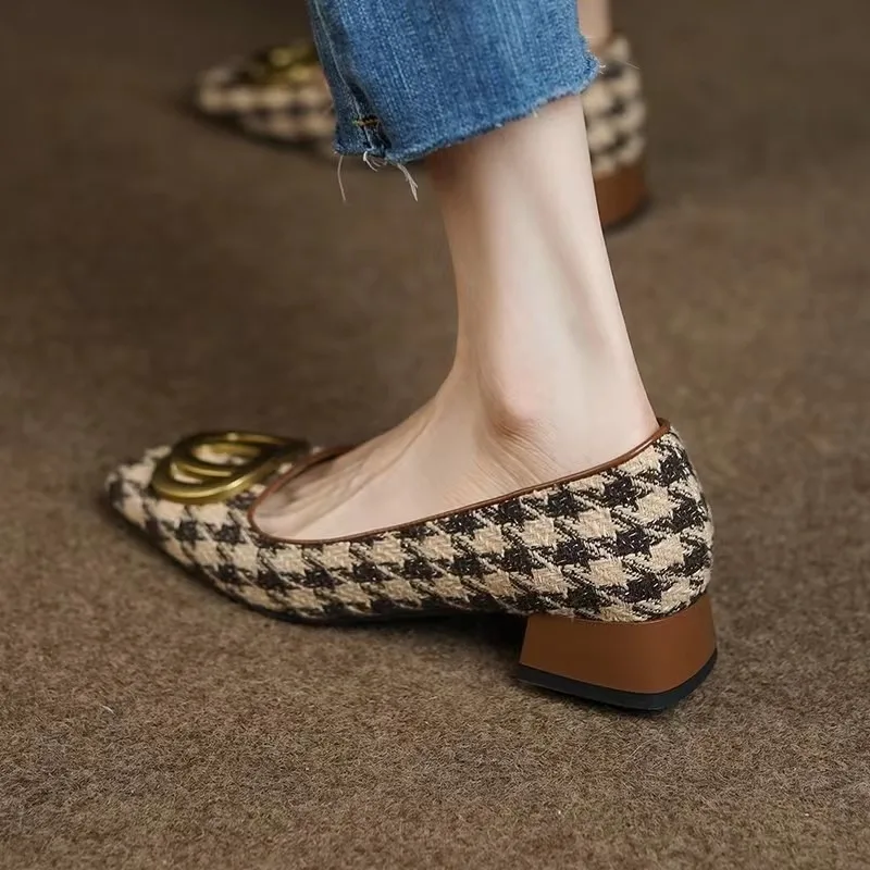 Metal Square Toe Roman Shoes Women's Comfortable Fabric Shoes 2024 Summer New Style All-match Thick-heeled High-heeled Shoes