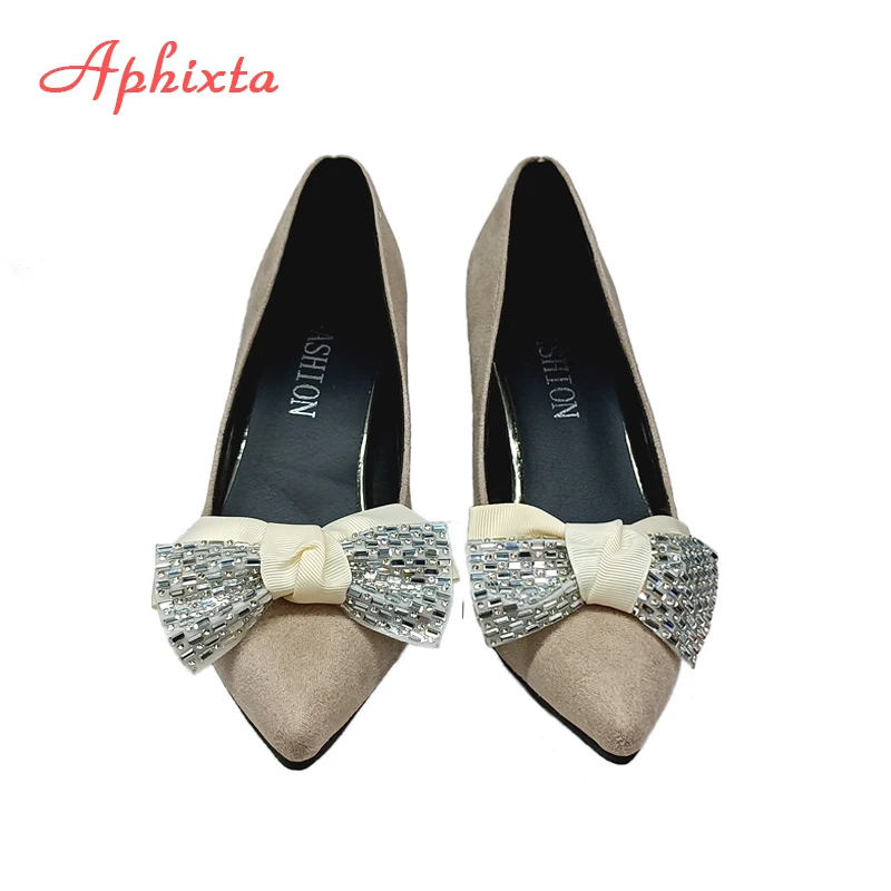 Aphixta Fashion Bling Crystal Bow 7cm Heels Pumps Women Butterfly-knot Pointed Toe Flock Suede Shoes Super Big Size 35-53