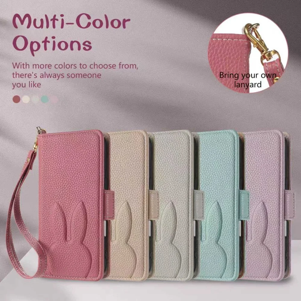 Charming 3D Rabbit & Floral Leather Phone Wallet Case with Card Slot Flip Cover