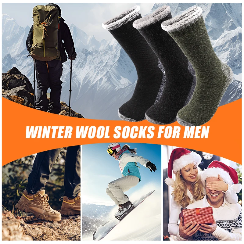 Merino Wool Socks 3Pairs Male Men Winter Thermal Cashmere Socks Fleece Terry Loop Middle Tube