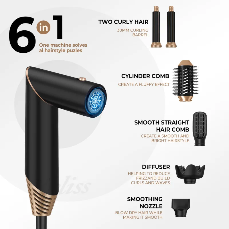 【US/UK/EU Plug】Household 6-in-1 Multifunctional Electric Hair Dryer Comb Non Damaging Hair Foldable Automatic Curling Iron