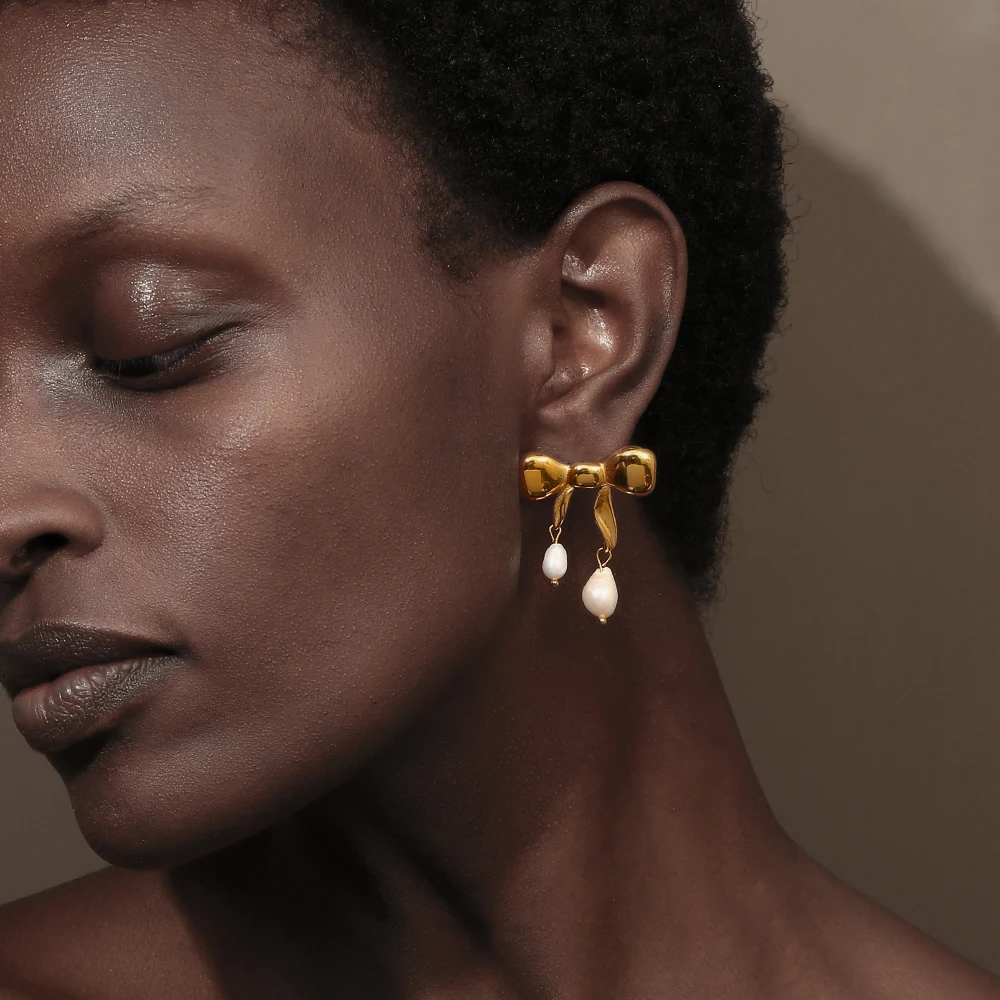 Elegant 18K Gold Plated Waterproof Stainless Steel Bow Pearl Earrings