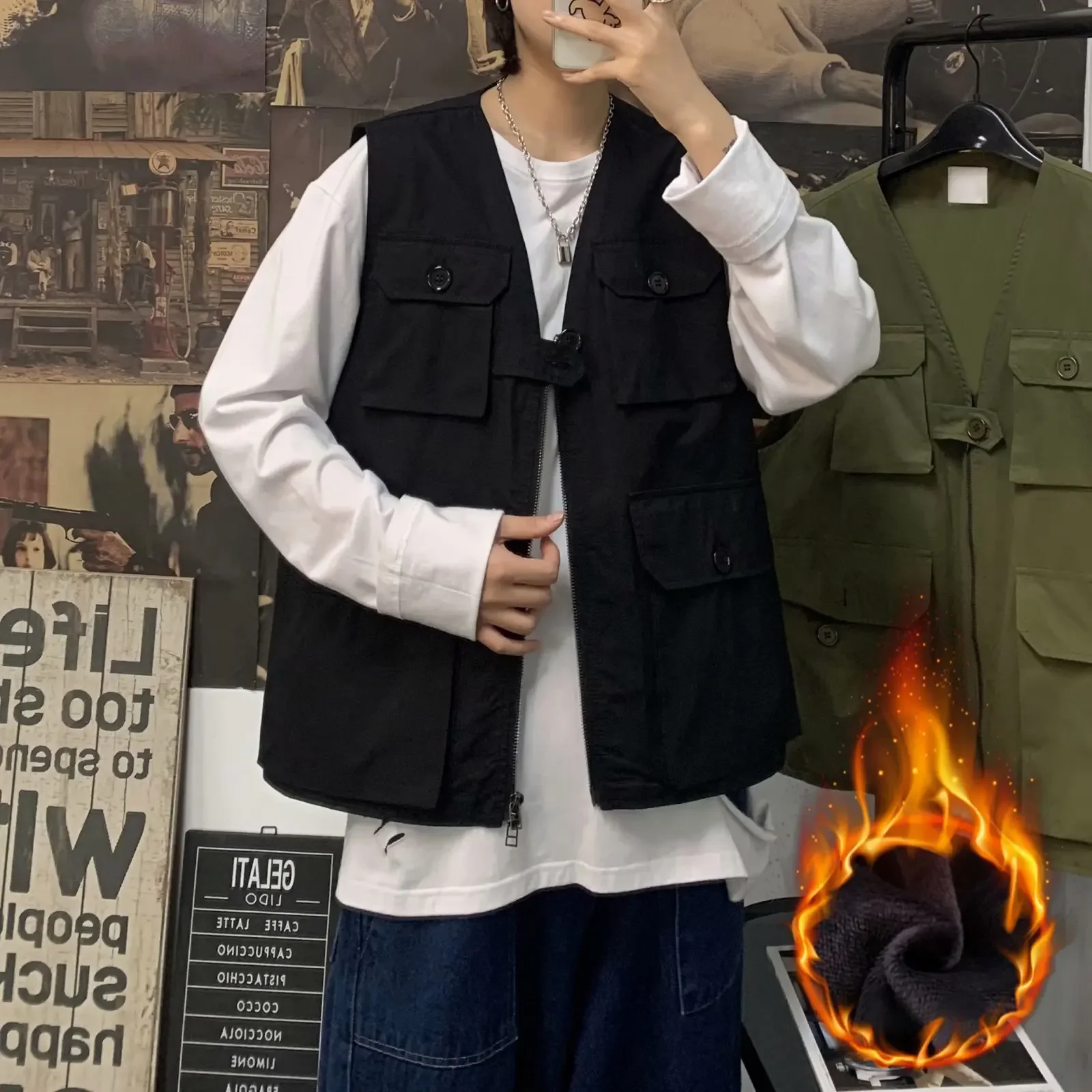 Trendy Men's Fleece-Lined Work Vest Student Hong Kong Style Hip Hop Multi-Pocket Jacket Winter Fashion Must-Have