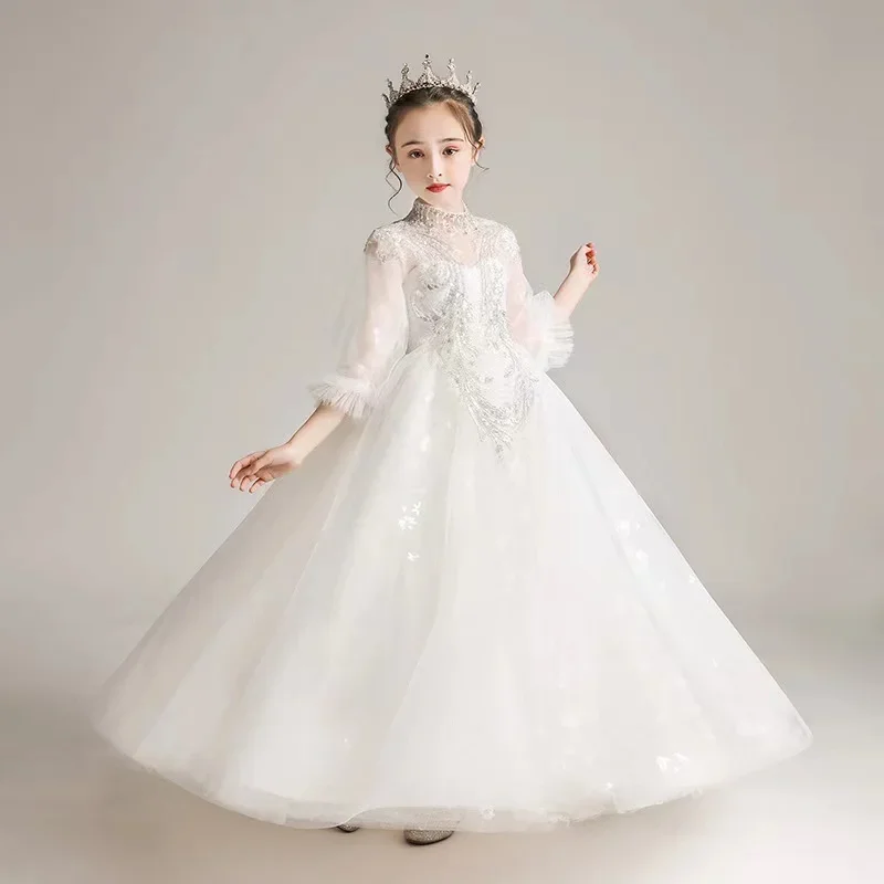 

Toddler Girl Flower Birthday White Tulle Dress Sequin Lace Wedding Gown Kids Party Wear Princess Dress Girl Pageant Long Gown