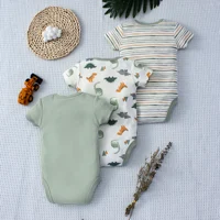 3PCS Summer Baby Bodysuit Three piece Set with Cartoon Dinosaur Pattern and Stripe Pattern Button Design for 0-9 Months Old Boys 2
