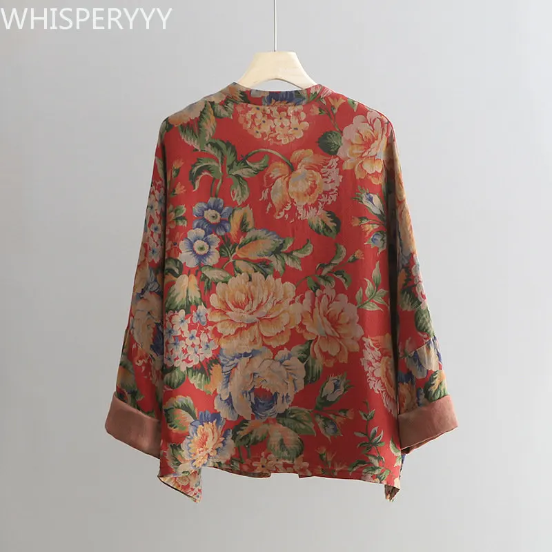 Cotton and Hemp Top Women's Retro Chinese Style Shirt Old Cloth Printed Top Long-sleeved Flower Coat Chinese Blouse Women