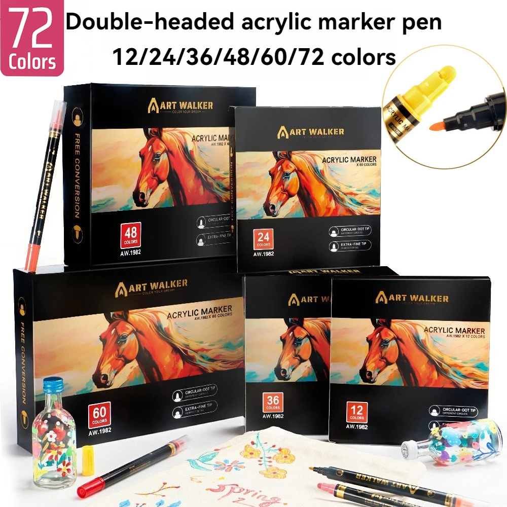 듀얼팁 아크릴 마커 세트, 12-72가지 색상, 라운드 팁 + 파인 팁, 듀얼팁 마커, 듀얼팁 아크릴 마커, 라운드 팁 + 파인 팁, 속건성, 방수, 번짐 없음, 고채도, 풍부한 색상, 부드럽고 지속적인 잉크