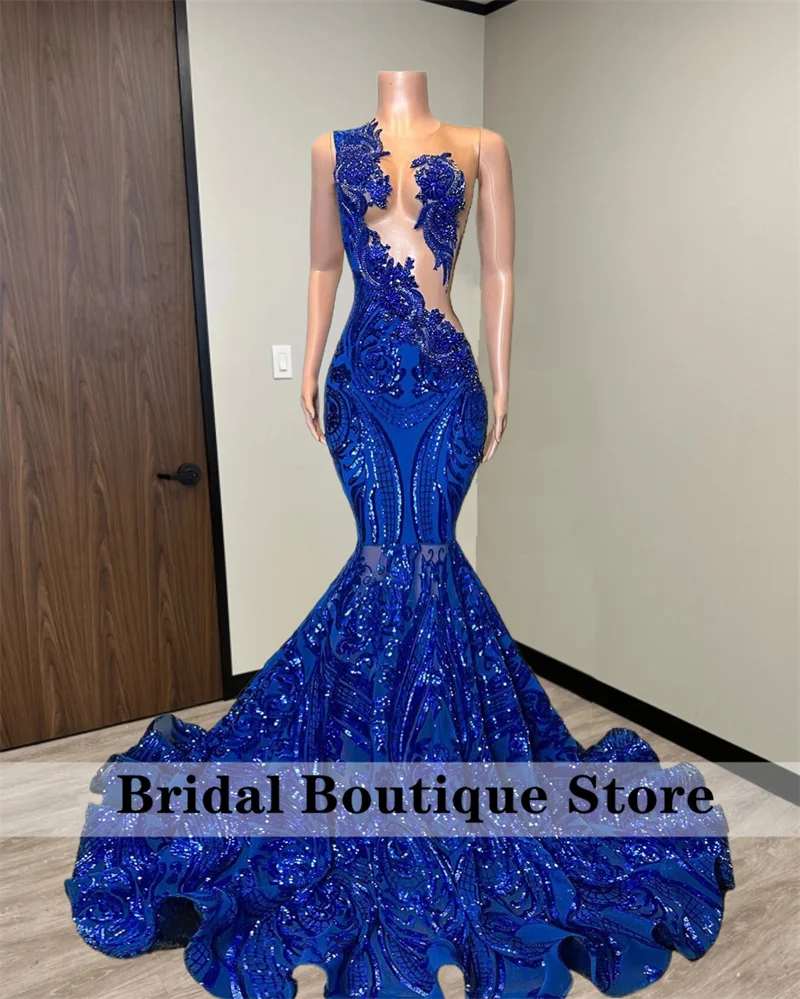 

Sparkly Royal Blue Diamonds Mermaid Prom Dress Glitter Sequins Gown Bead Crystal Rhinestones Wedding Birthday Party Dress