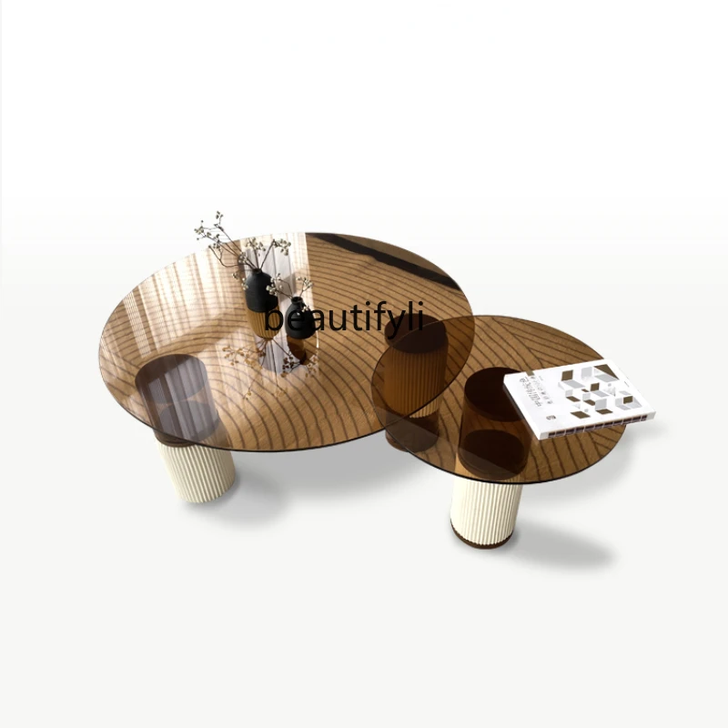 

Nordic Light Luxury Glass Coffee Table Modern Living Room Home Small Apartment round Band Side Table Combination