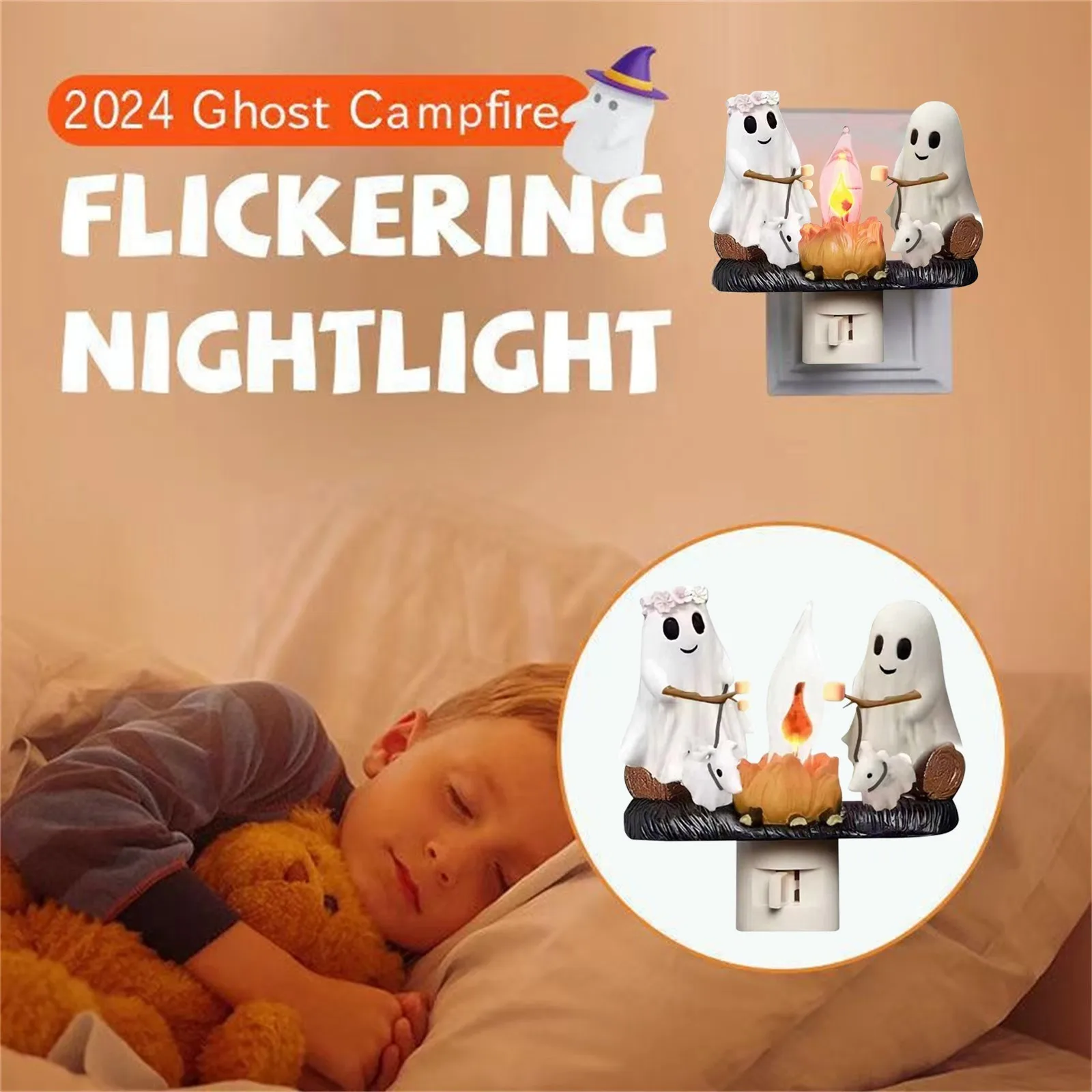 Ghost Flickering Nightlight, Led Faux Fire Ghost Lamp,Halloween Bedroom Night Light Indoor Decorations Gifts
