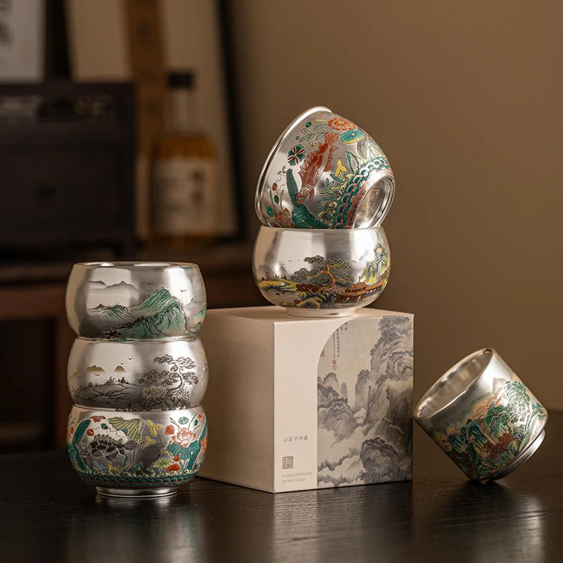 Chinoiserie Tea Cup Sterling Silver 999 Master Cup Single Gilt Silver Tea Ceramic Kung Fu Set Large Gift