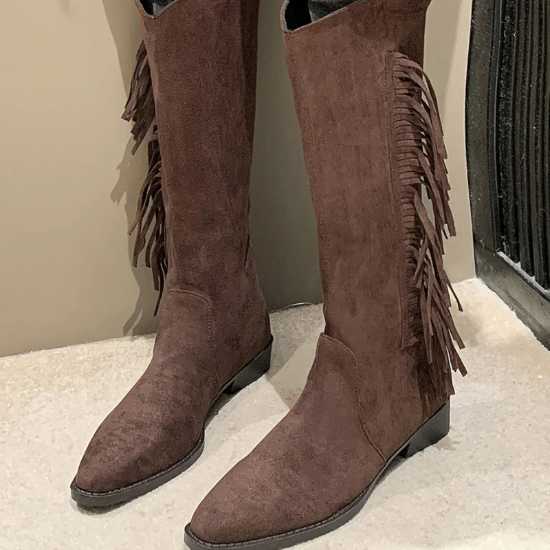 2023 Shoes Female Knee-High Women's Boots Fashion Fringe Modern Boots Women Sexy Pointed Toe Square Heel Shoes Female Zapatos