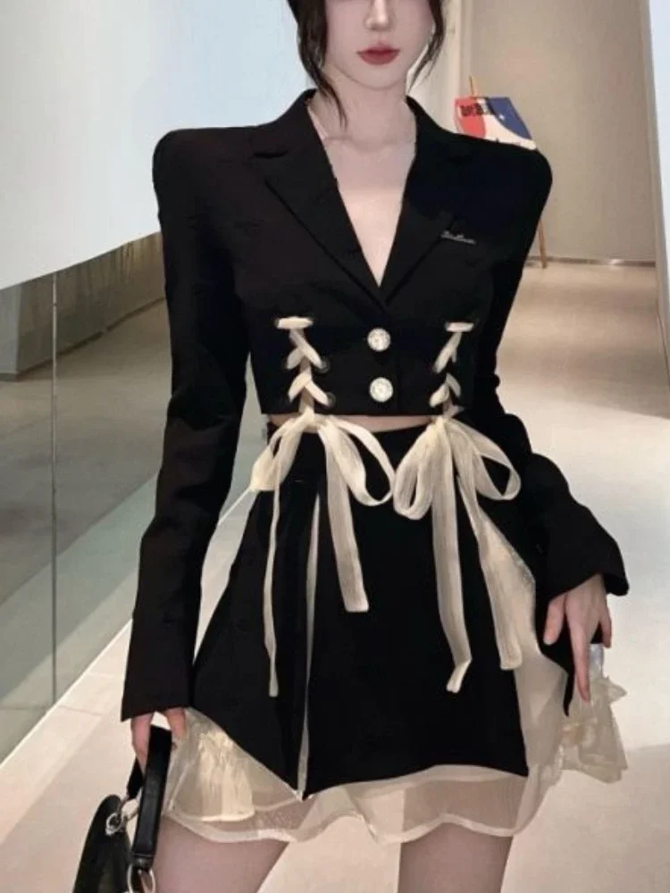 Gothic Elegant Retro 2 Piece Dress Set Even Party Women Casual Y2k Crop Tops + Mini Skrits 2023 Summer Korean Fashion Suits