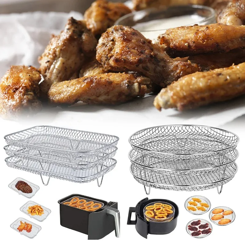 Three Stackable Air Fryer Racks 304 Stainless Steel Non stick Frying Pan Barbecue Grill Rack Kitchen Cooking Tools