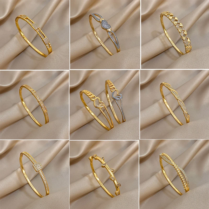 Elegant Zircon Geometric Stackable Cuff Bangle with Rhinestone Charms