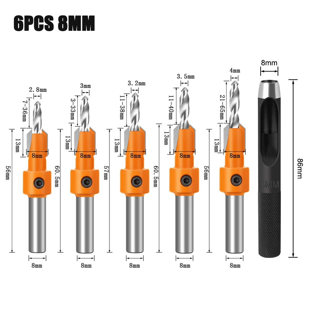 8mm 10mm 샹크 HSS 목공 카운터싱크 라우터 비트 펀칭 드릴 세트 나사 제거기 목재 밀링용 해체 도구