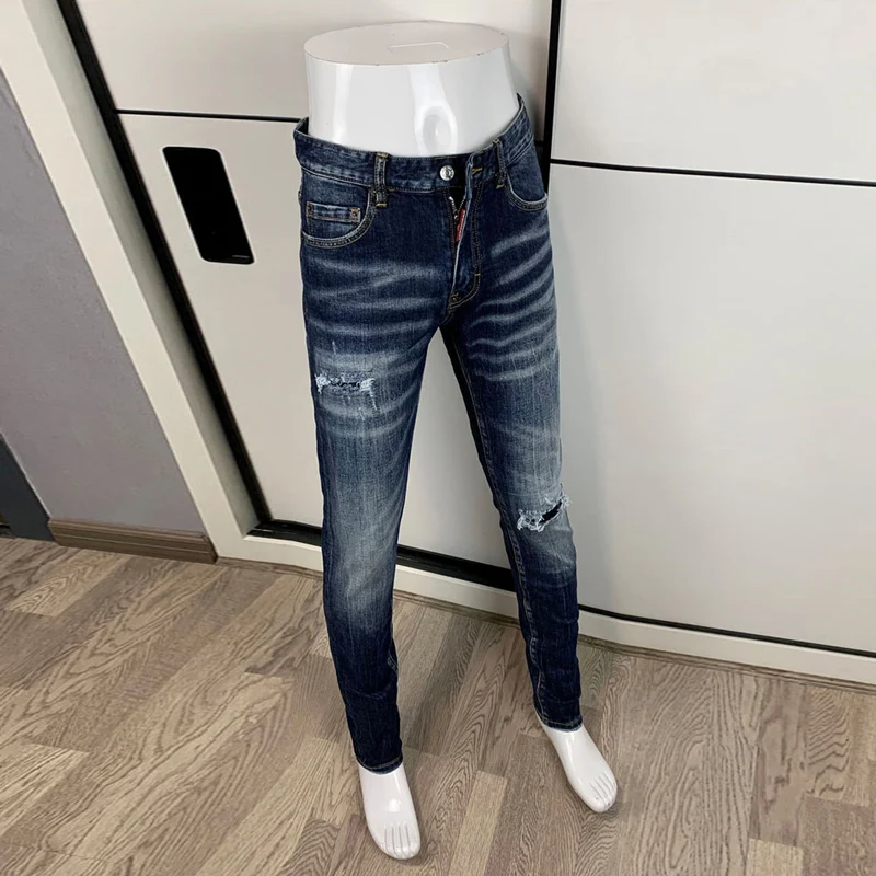 Street Fashion Men Jeans High Quality Retro Blue Stretch Slim Fit Ripped Jeans Men Pocket Designer Vintage Brand Pants Hombre