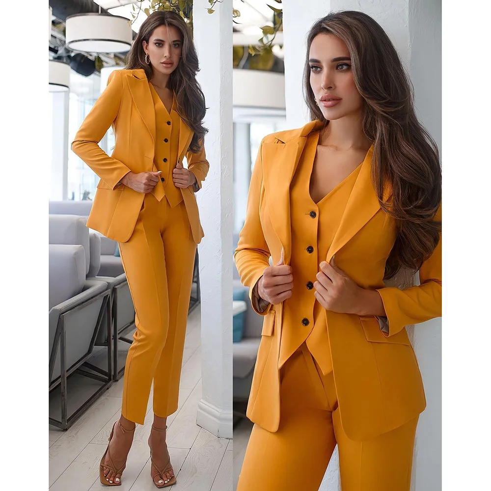 Custom Elegant Women's Suits Slim Fit 3 Piece Jacket Pants Vest Single Breasted Peak Lapel Formal Office Lady Full Set Blazer 3