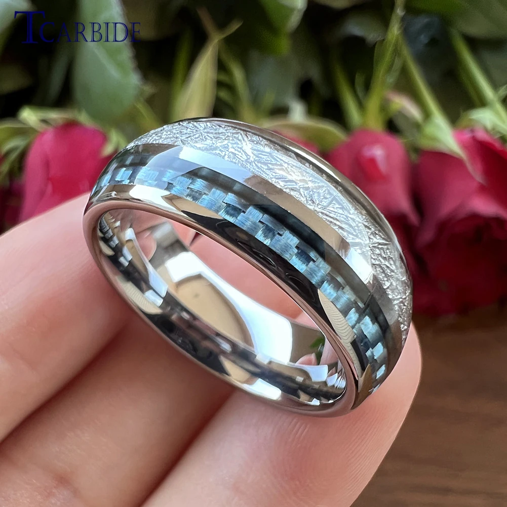8mm Wide Tungsten Carbide Wedding Band With Blue Carbon Fiber Inlay - Comfort Fit, Sizes 7-13