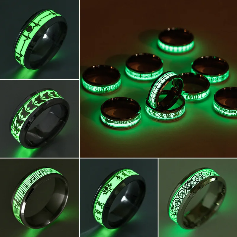 Stainless Steel Glowing In Dark Heart Finger Rings for Men Women Punk Music Dragon Luminous Ring Couple Jewelry Anel