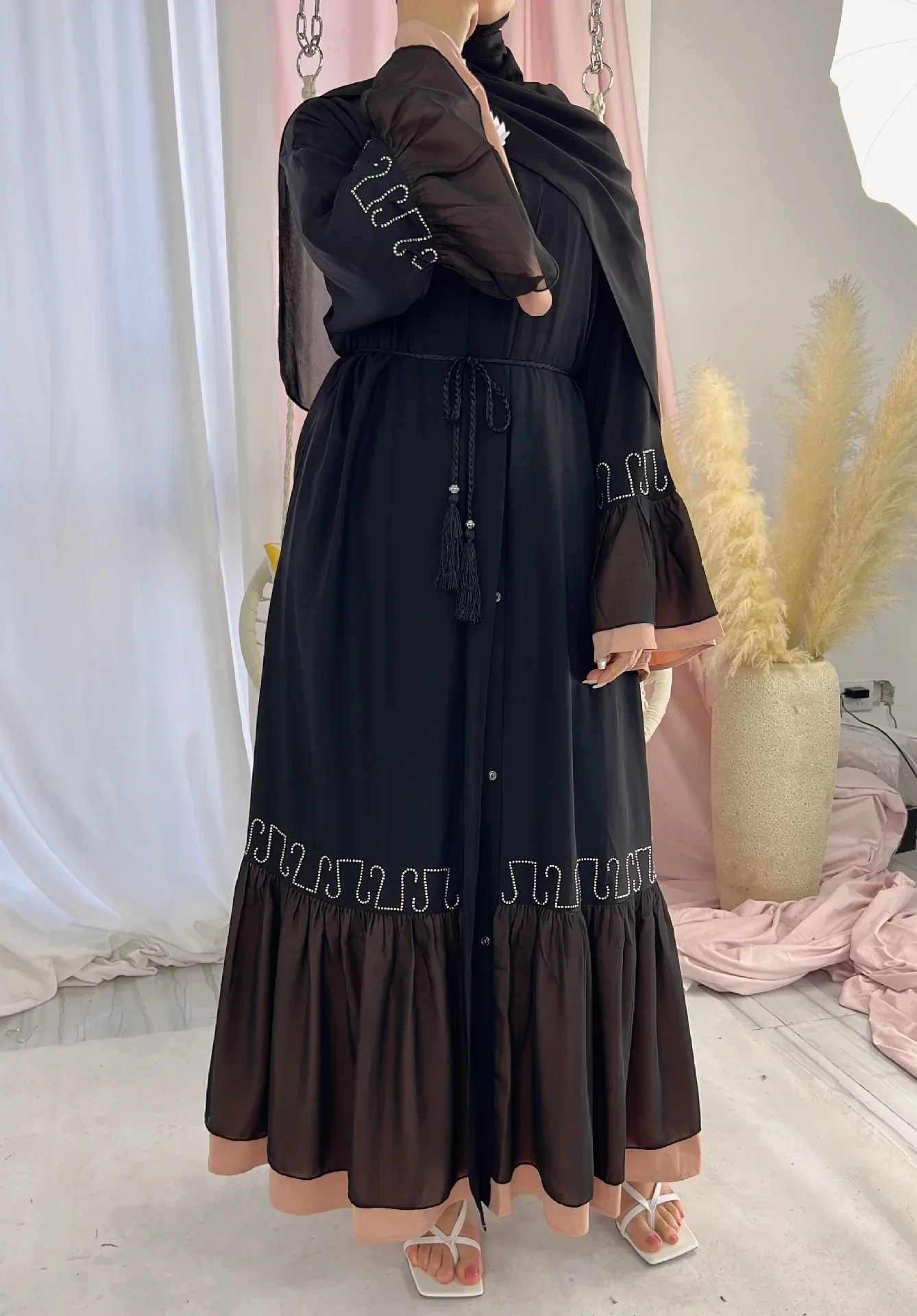 Open Abaya Dubai Flare Sleeve Lace Black Kimono for Women Cardigan Muslim Long Party Hijab Dress Islam Outfit Ramadan Eid Kaftan
